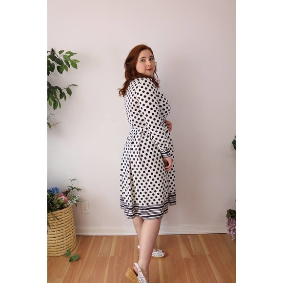 70s Blue & White Dot Dress Striped Long Sleeve - Picture 2 of 3
